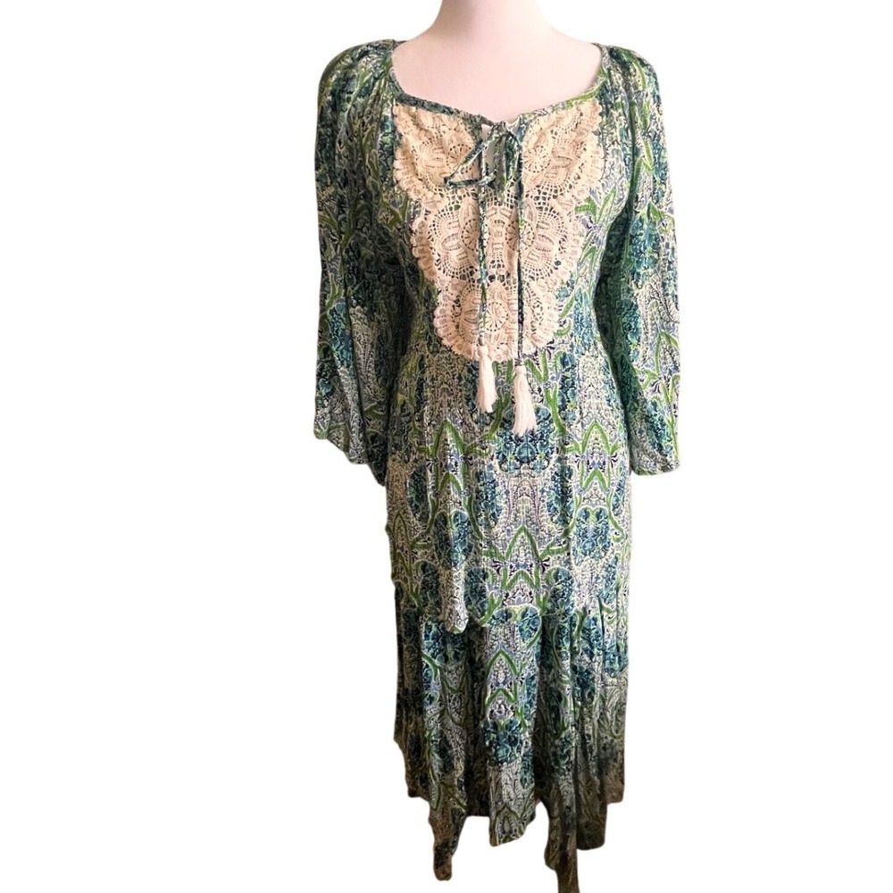 NWOT Kim Rogers Green Blue Paisley 2 Piece Peasant Top Maxi Skirt Set Size M